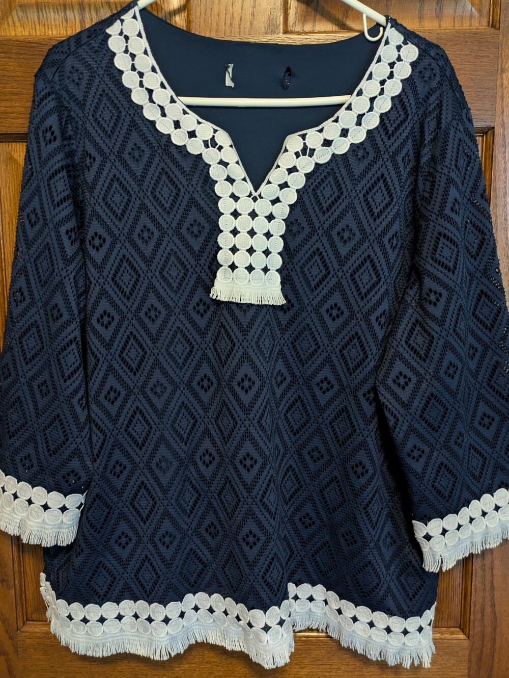 Alfred Dunner Women’s Navy Blue 3/4 Sleeve Tunic with White Trim - Size XL